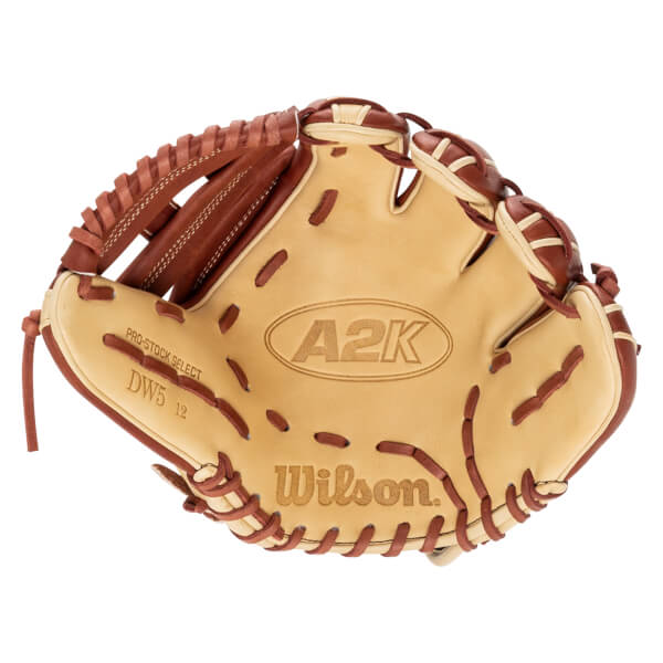 Inside view of a tan and brown Wilson A2K baseball glove, showing "PRO-STOCK SELECT DW5 12" and "Wilson" branding.