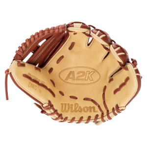 Inside view of a tan and brown Wilson A2K baseball glove, showing "PRO-STOCK SELECT DW5 12" and "Wilson" branding.