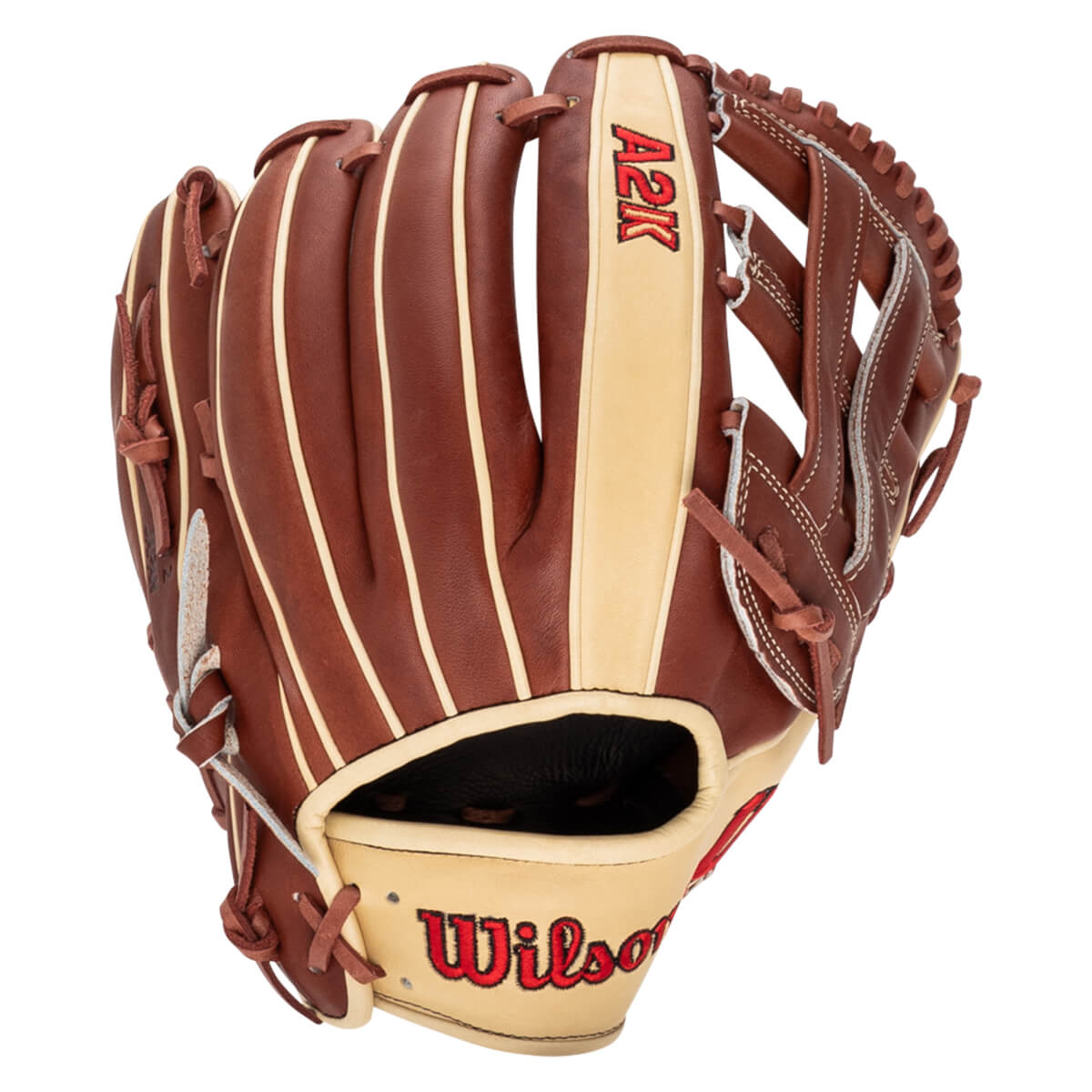 Front view of a brown baseball glove with tan accents, showing "A2K" and "Wilson" logos.