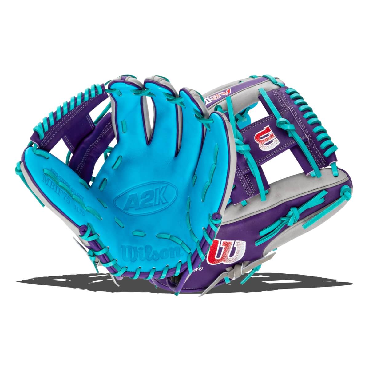 Angled front view of a blue and purple baseball glove with turquoise lacing, embossed A2K and Wilson logos, and a red W logo.
