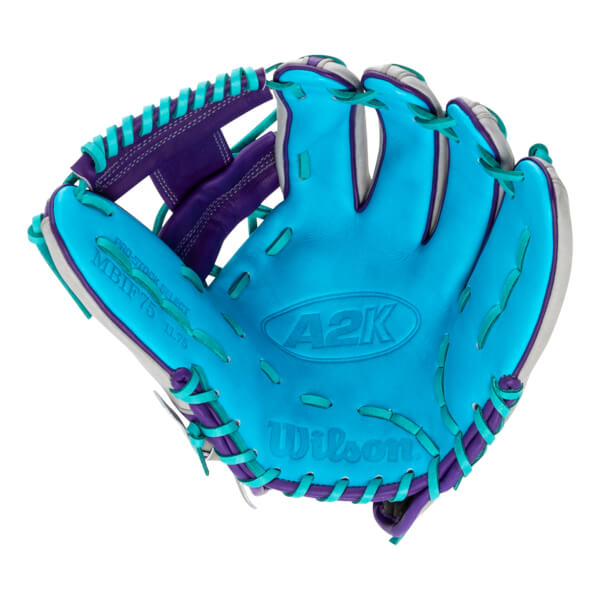 Front view of a bright blue and purple baseball glove with A2K and Wilson logos, teal lacing, and MB1F75 11.75 text.