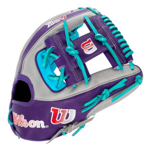 Front view of a purple, grey, and teal baseball glove with Wilson and A2K logos and teal lacing.