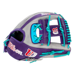 Angled side view of a purple, gray, and teal baseball glove with Wilson logos and vibrant teal lacing.