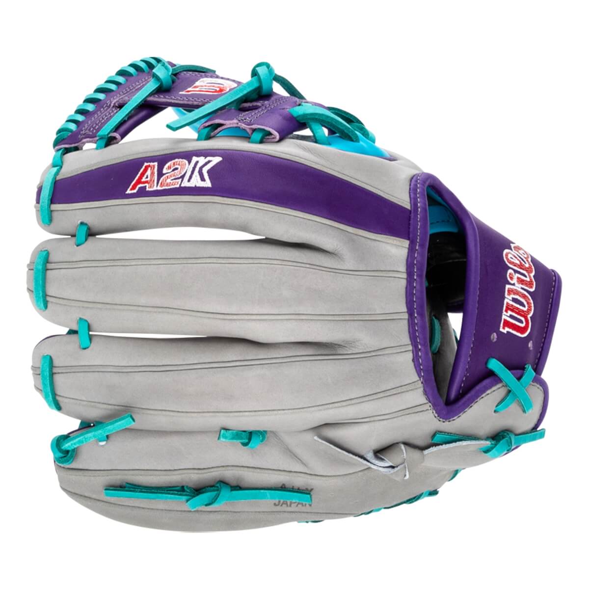 Angled front view of a grey baseball glove with purple accents, teal lacing, and A2K and Wilson logos.
