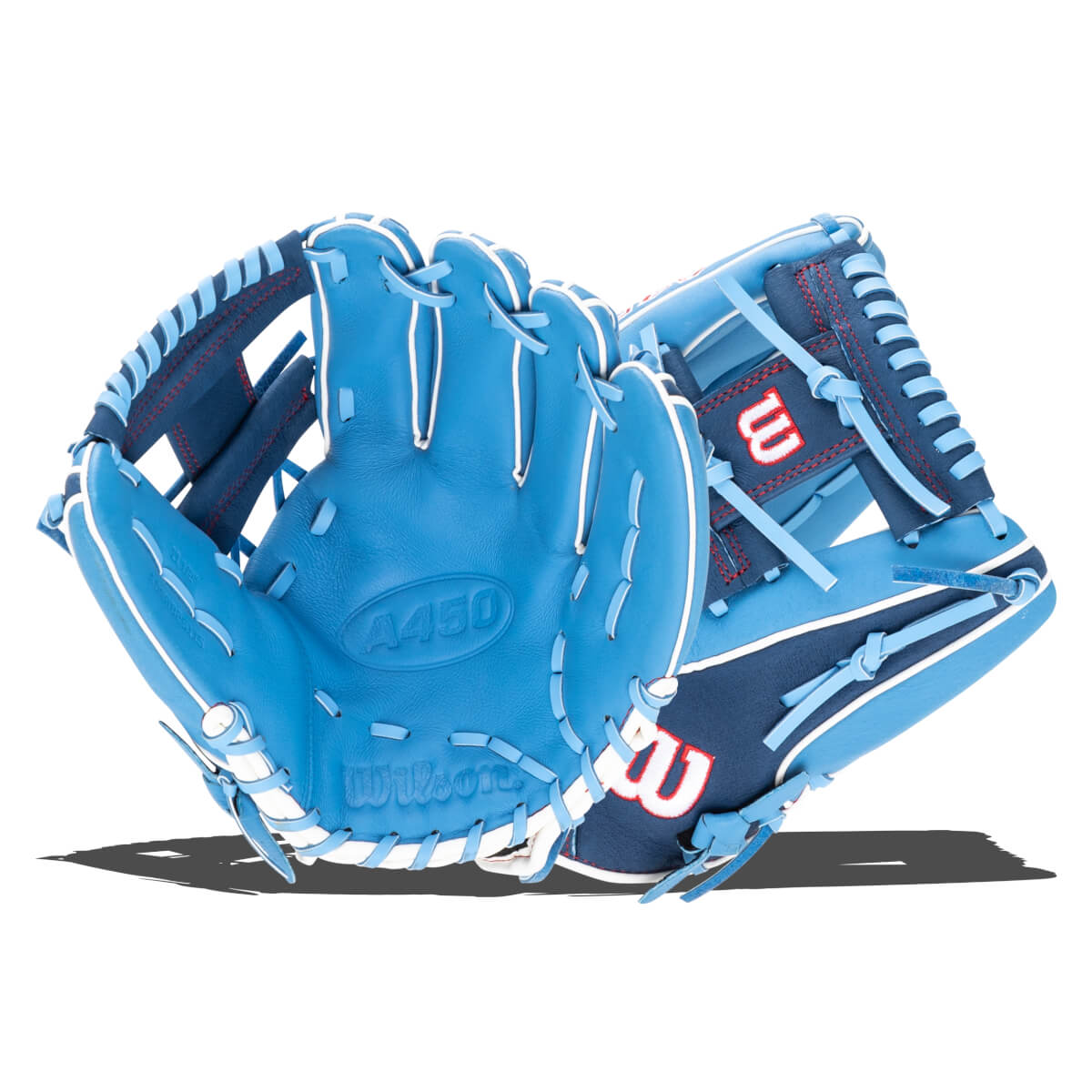 Front view of a blue Wilson A450 baseball glove with white and navy accents and red stitching.