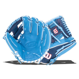 Front view of a blue Wilson A450 baseball glove with white and navy accents and red stitching.
