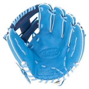 Top-down view of a blue baseball glove with white lacing and "A450" and "Wilson" logos.