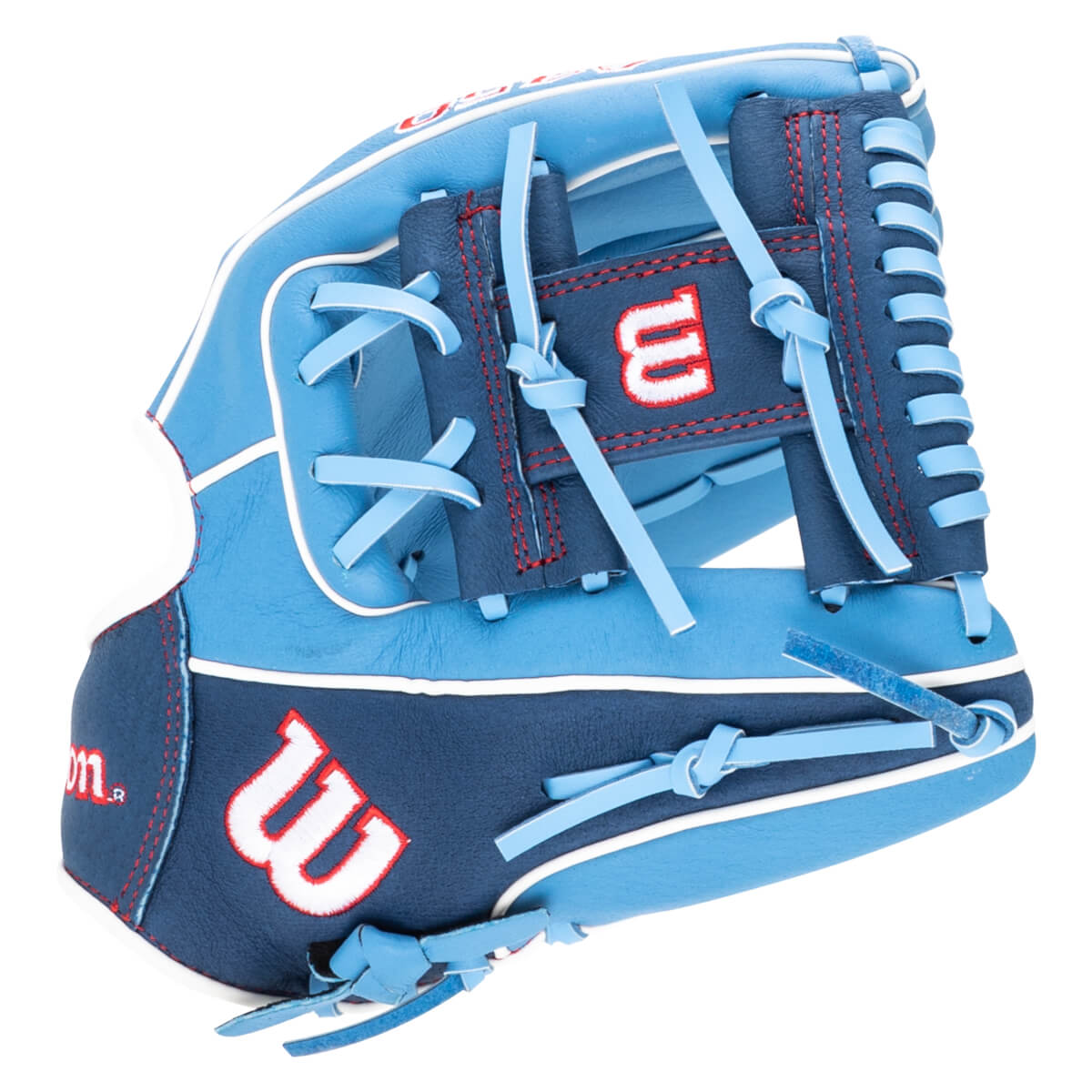 Front view of a blue and navy baseball glove with white piping and red stitching, featuring a white "W" logo.
