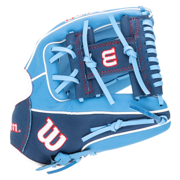 Front view of a blue and navy baseball glove with white piping and red stitching, featuring a white "W" logo.