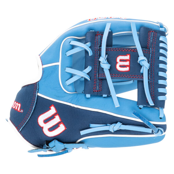 Side view of a blue and navy baseball glove with red stitching and white trim, featuring a white "W" logo.