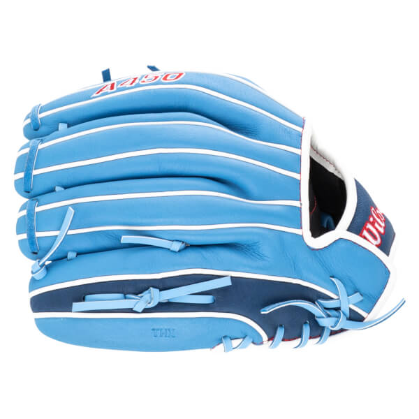 Side view of a blue baseball glove with white lacing, red "A450" lettering, and "Wilson" logo.