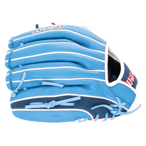 Side view of a blue baseball glove with white lacing, red "A450" lettering, and "Wilson" logo.