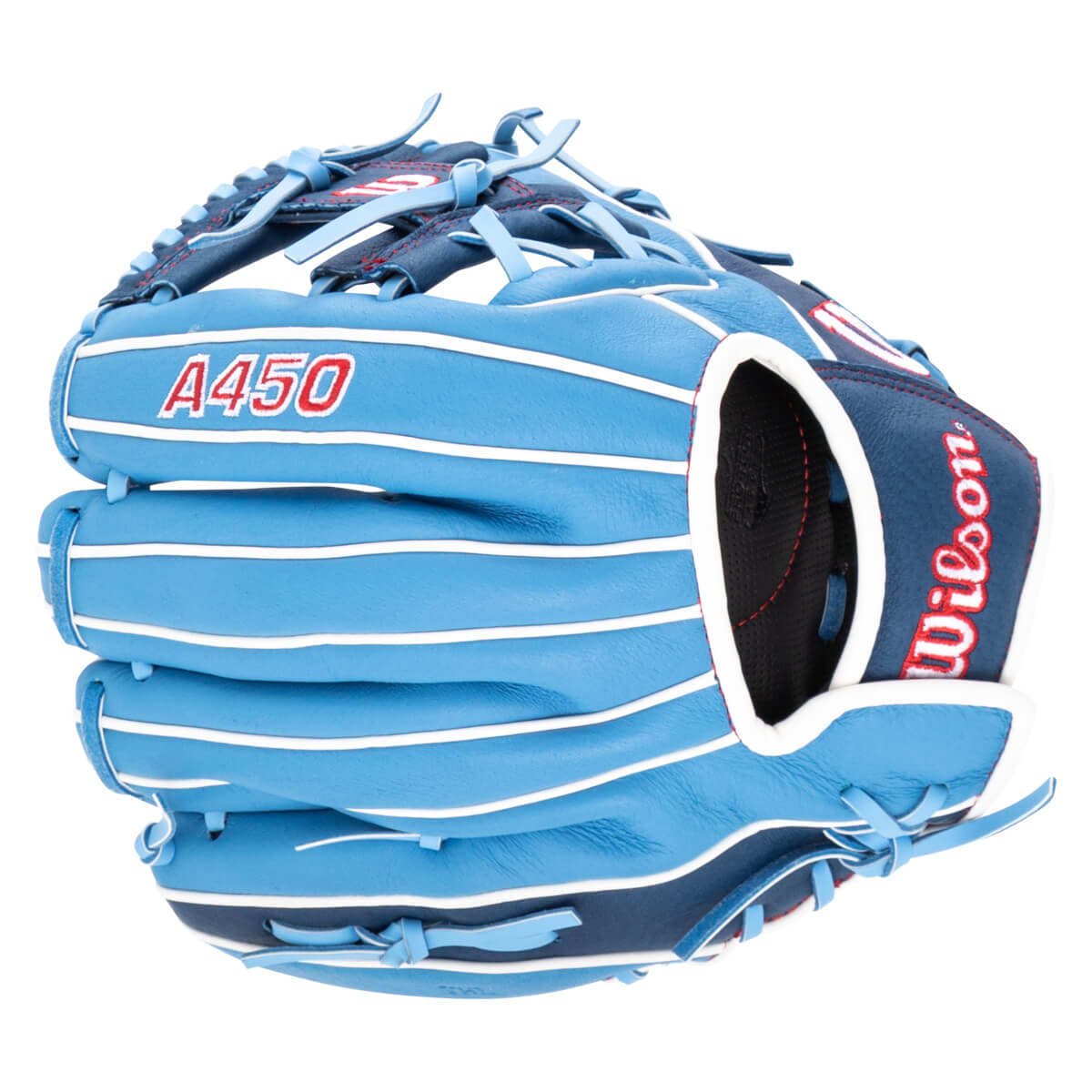 Side view of a blue baseball glove with white piping, red "A450" text, and "Wilson" logo.