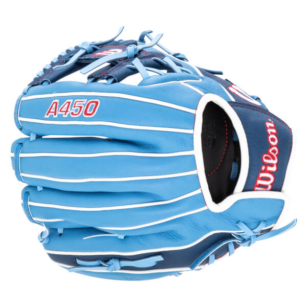 Side view of a blue baseball glove with white piping, red "A450" text, and "Wilson" logo.