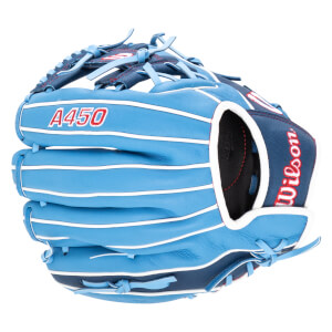 Side view of a blue baseball glove with white piping, red "A450" text, and "Wilson" logo.