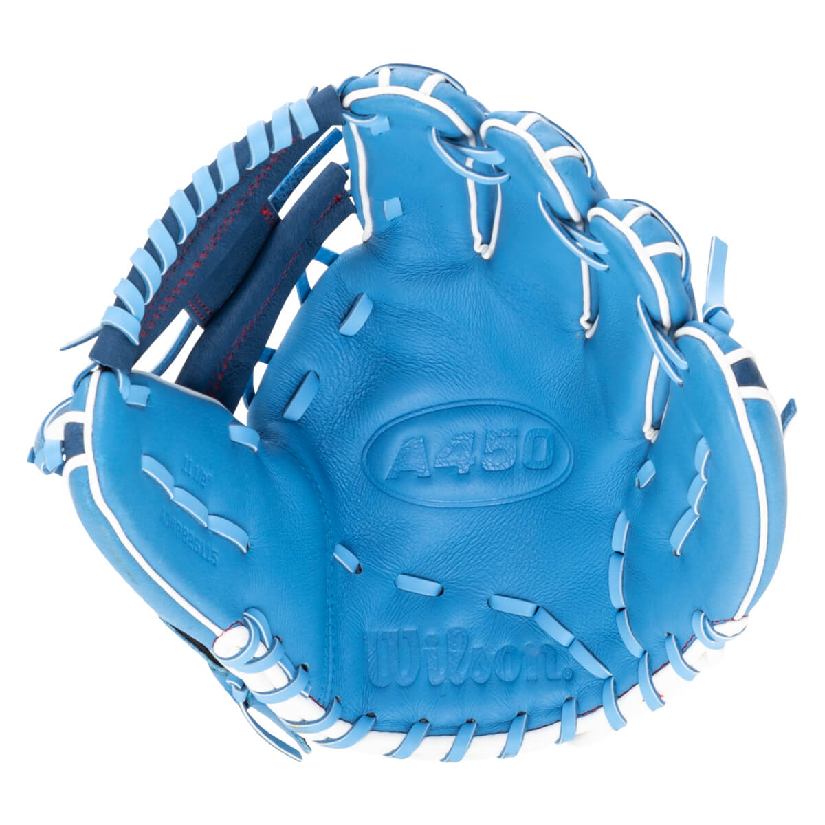 Top-down view of a blue Wilson A450 baseball glove with white lacing and red stitching.