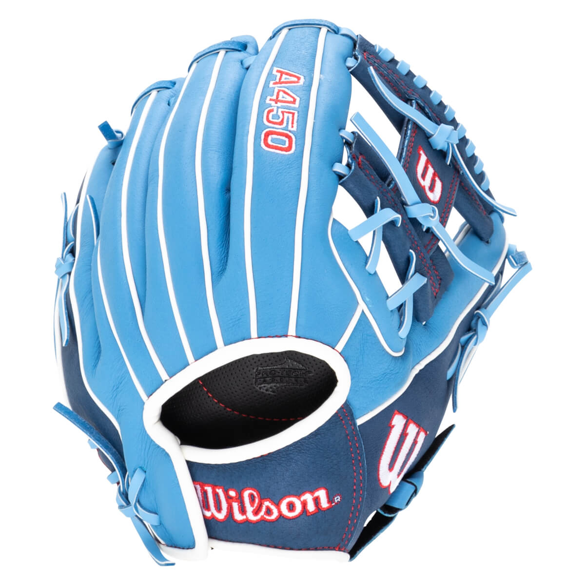 Front view of a blue Wilson A450 baseball glove with white lacing and red stitching.