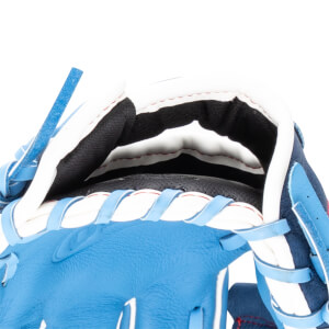 Close-up of a blue baseball glove showing white lacing and a black interior.