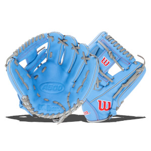 Front view of two light blue baseball gloves with grey lacing and red stitching, showing "A500" and "Wilson" logos.