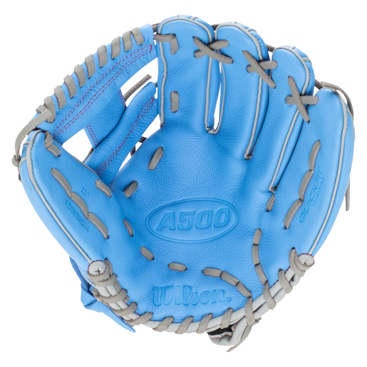 Top-down view of a blue Wilson A500 glove with gray lacing and red stitching.