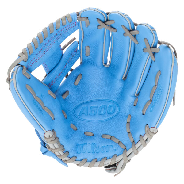 Top-down view of a blue Wilson A500 glove with gray lacing and red stitching.