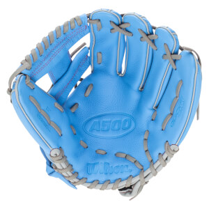 Top-down view of a blue Wilson A500 glove with gray lacing and red stitching.