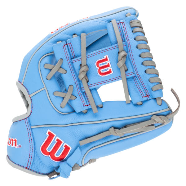 Front view of a light blue baseball glove with red stitching, gray laces, and red "W" logos.