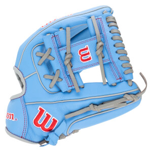 Front view of a light blue baseball glove with red stitching, gray laces, and red "W" logos.