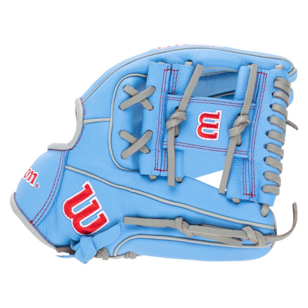 Top-down view of a light blue baseball glove with red "W" logos and gray lacing.
