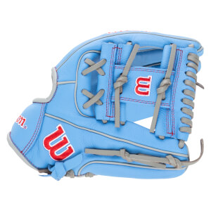 Top-down view of a light blue baseball glove with red "W" logos and gray lacing.