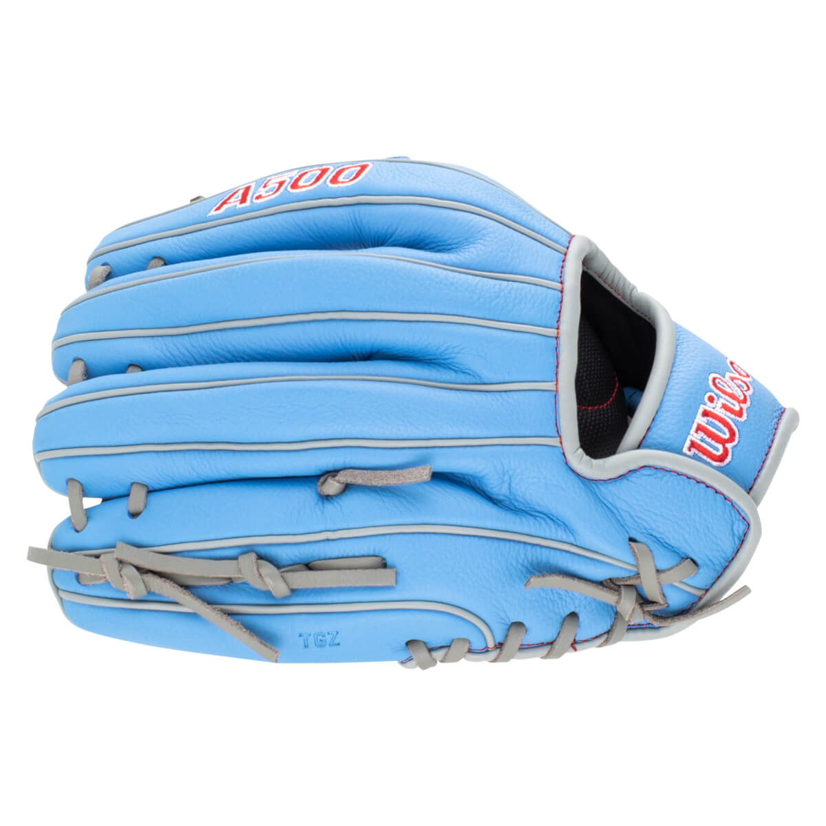 Side view of a light blue baseball glove with gray lacing and red "A500" and "Wilson" logos.