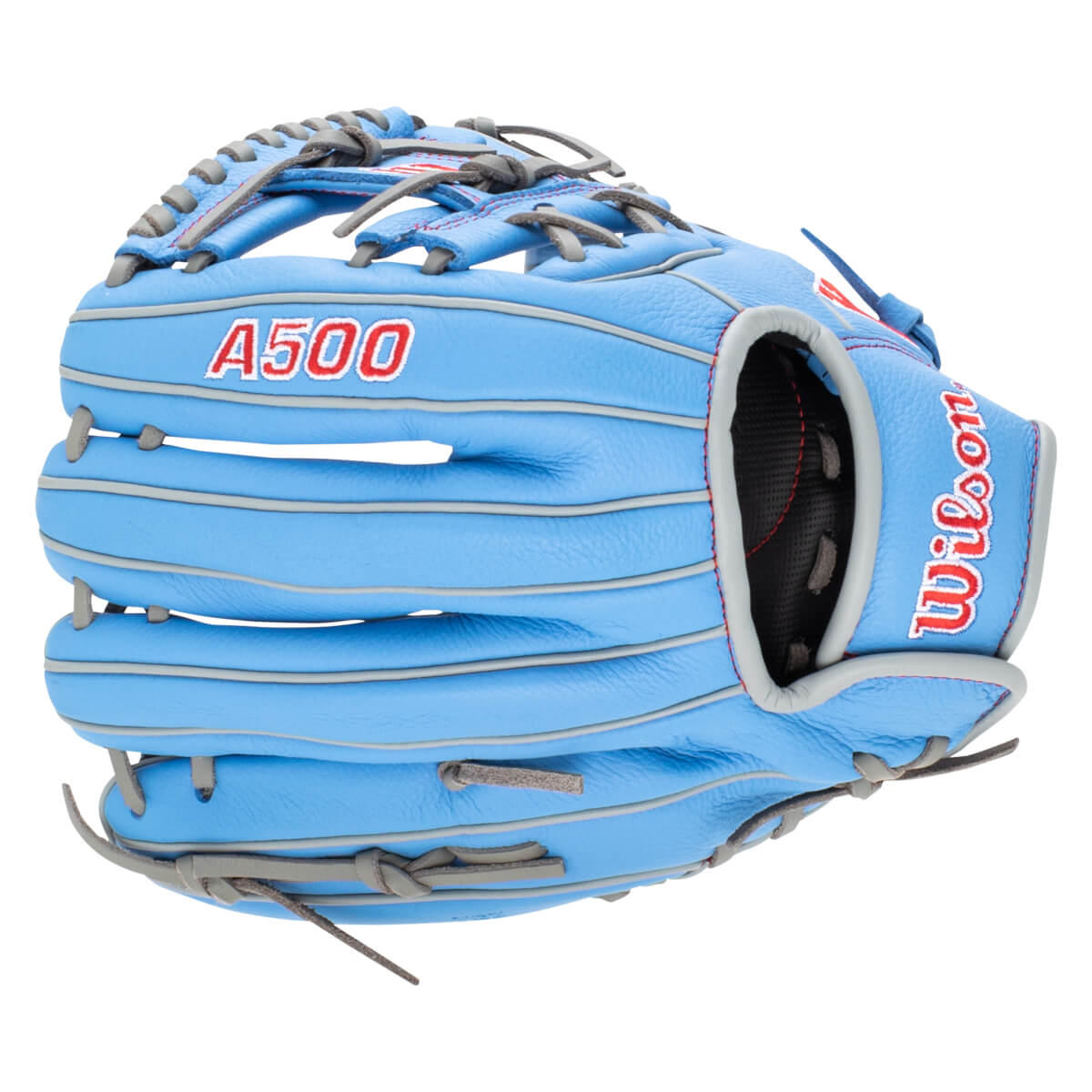 Front view of a light blue baseball glove with red "A500" and "Wilson" lettering.