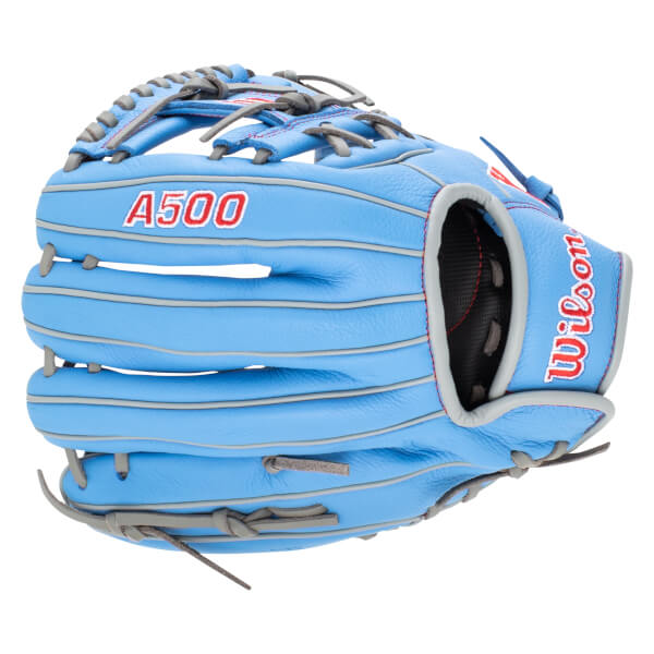 Front view of a light blue baseball glove with red "A500" and "Wilson" lettering.