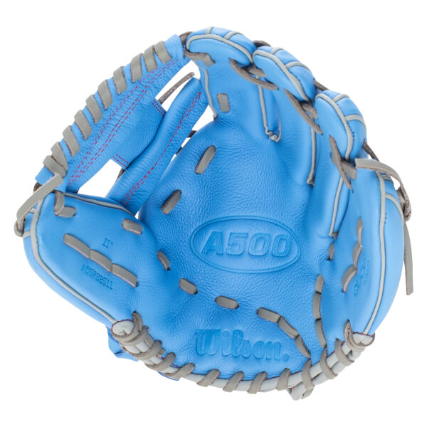 Top-down view of a blue Wilson A500 baseball glove with grey lacing and red stitching.