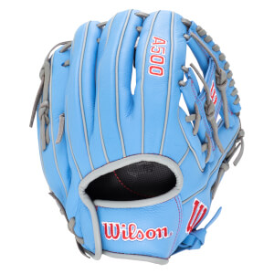 Front view of a light blue Wilson A500 baseball glove with red stitching and white trim.