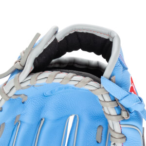 Close-up of a light blue baseball glove showing grey lacing and red stitching.