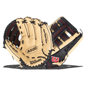 Front view of a tan and black baseball glove with red stitching, showing the "A500" and "Wilson" logos.