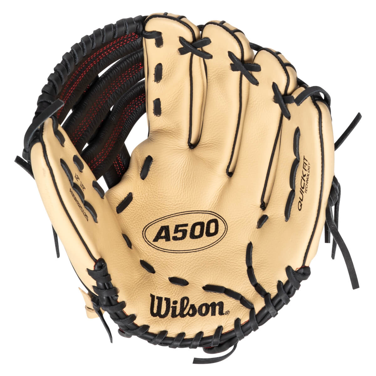 Top-down view of a tan baseball glove with black lacing, showing the "A500" and "Wilson" logos.