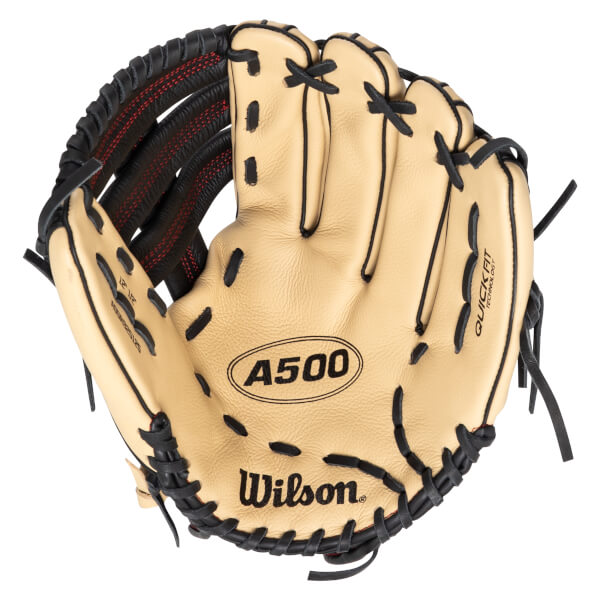 Top-down view of a tan baseball glove with black lacing, showing the "A500" and "Wilson" logos.