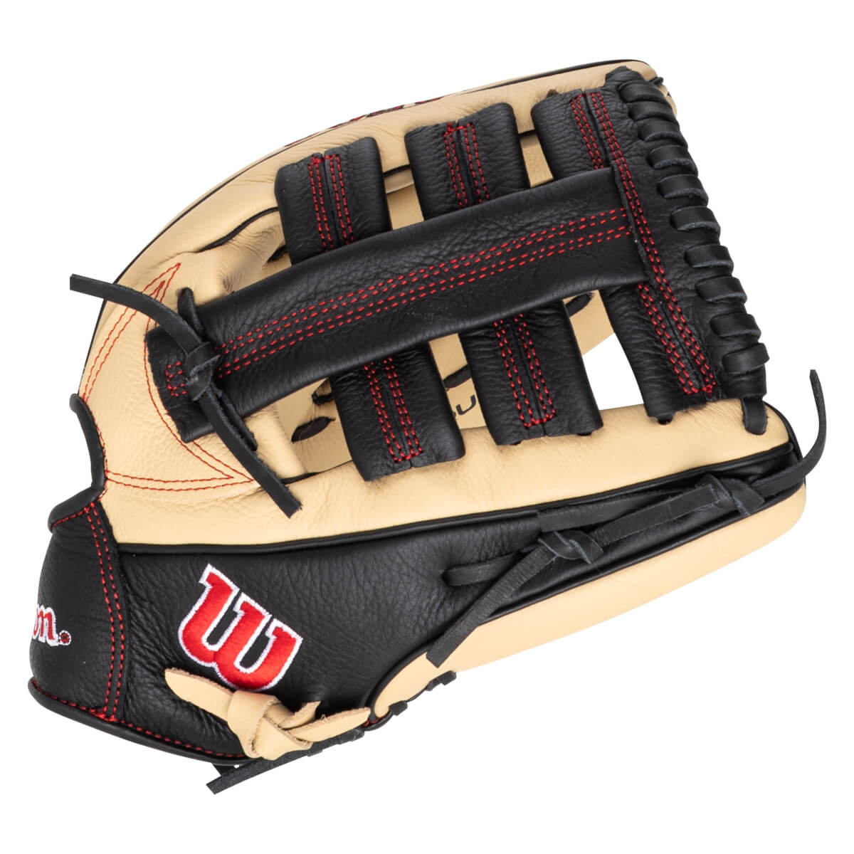 Top-down view of a black and tan baseball glove with red stitching and a red "W" logo.