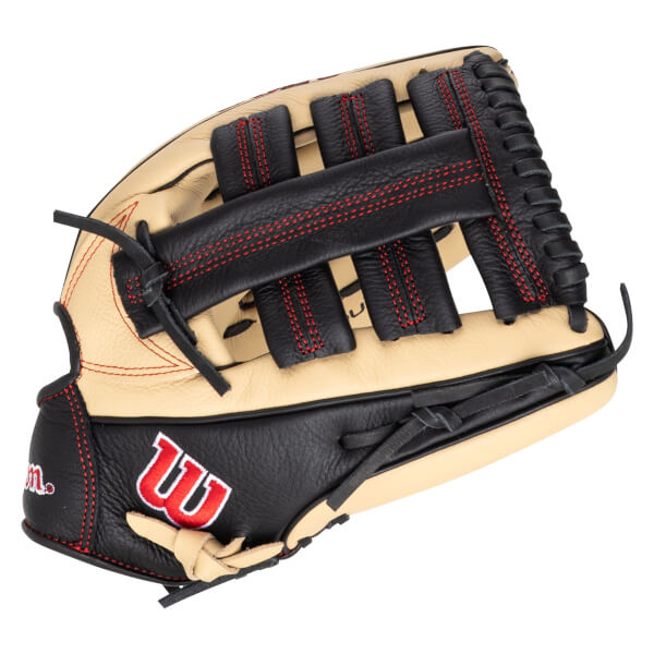 Top-down view of a black and tan baseball glove with red stitching and a red "W" logo.