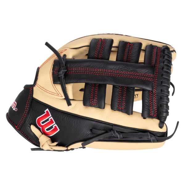 Side view of a black and tan baseball glove with red stitching and a red "W" logo.
