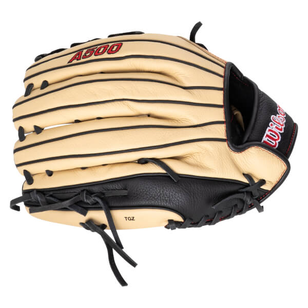Top-down view of a tan and black Wilson A500 baseball glove with red stitching and "Wilson" logo.
