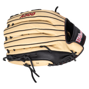 Top-down view of a tan and black Wilson A500 baseball glove with red stitching and "Wilson" logo.
