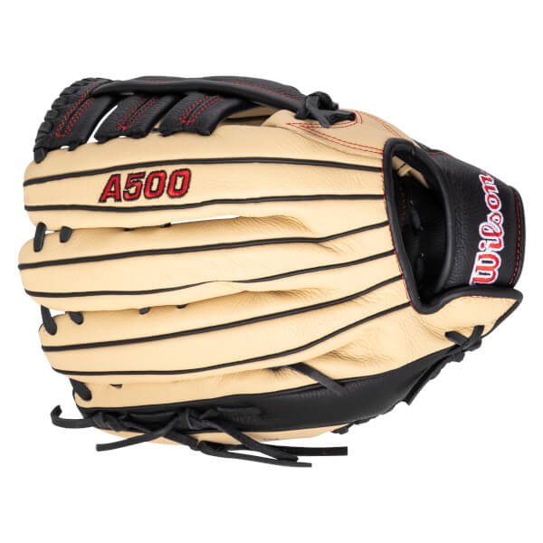 Side view of a tan baseball glove with black lacing and red stitching, showing the "A500" logo.