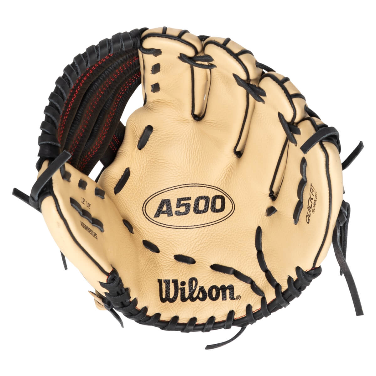 Top-down view of a tan Wilson A500 baseball glove with black lacing and red stitching.