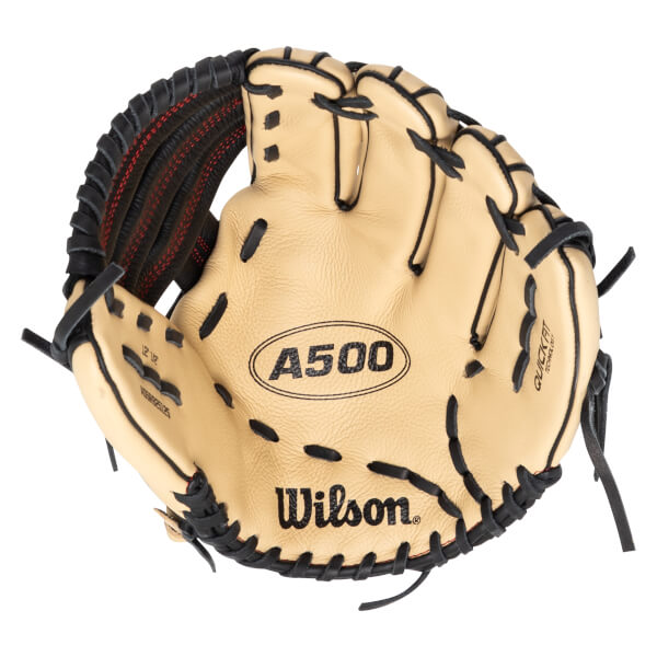 Top-down view of a tan Wilson A500 baseball glove with black lacing and red stitching.