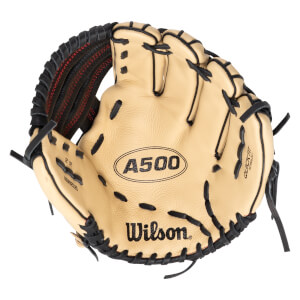 Top-down view of a tan Wilson A500 baseball glove with black lacing and red stitching.
