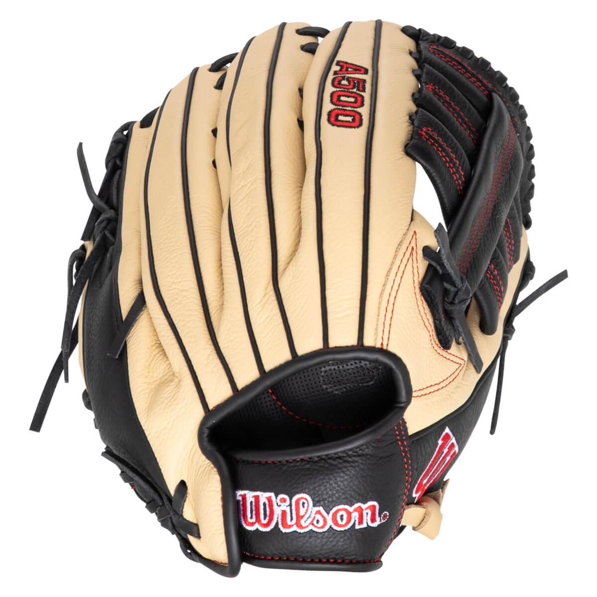 Top-down view of a tan and black Wilson A500 baseball glove with red stitching.