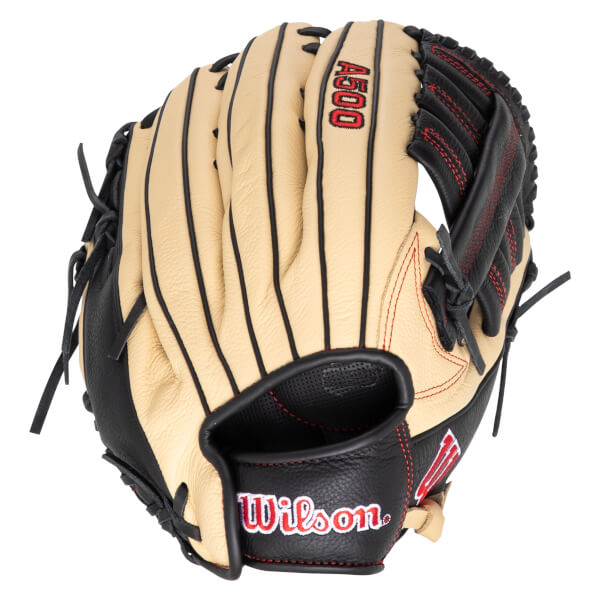 Top-down view of a tan and black Wilson A500 baseball glove with red stitching.